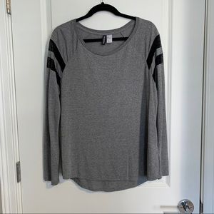 Heathered Gray Long Sleeve Top With Black Mesh Stripes On Sleeves